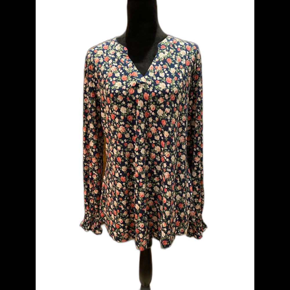 Womans Blouse Plus Size‎ XL Top Navy Floral V Neck Pullover Stretchy Long Sleeve